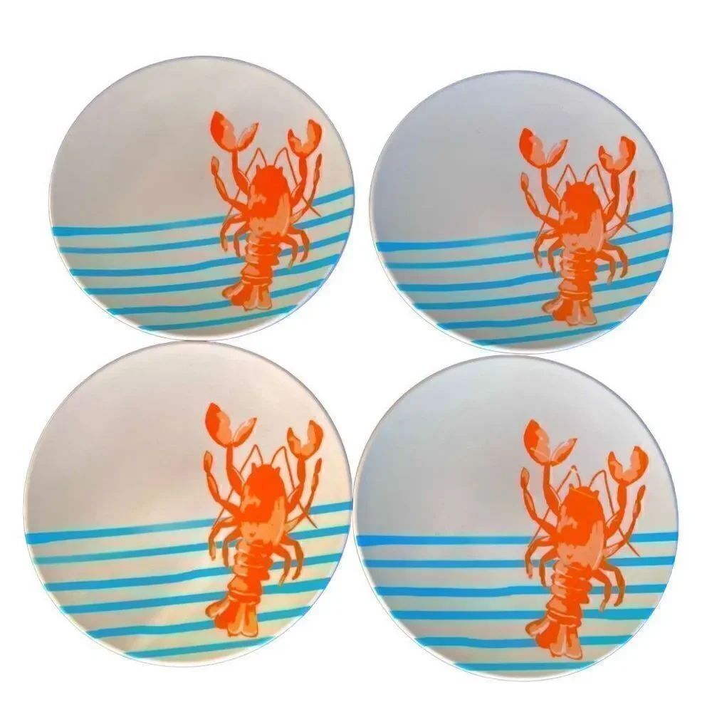 4-PIECE MELAMINE PLASTIC SET APPETIZER PLATES LOBSTER AQUA STRIPE DESIGN
